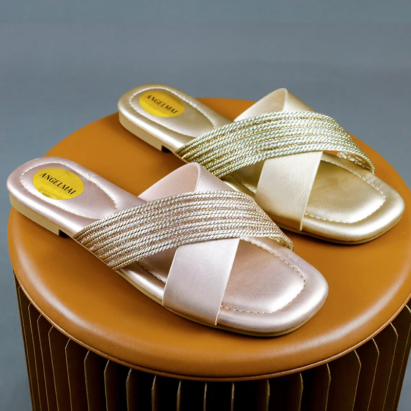 Women Cross Strap Flat Shoes for Women Woven Splice Square Open Toe Summer Slide Slipper Ladies Comfort Causal Flat Sandals Shoe