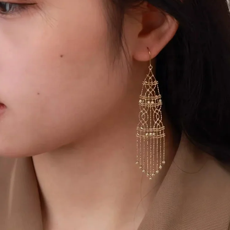 Indian jewelry 18K Gold  Personality Lace Gold Drop Earrings Heavyweight exotic long tassel Chandelier Earrings earrings