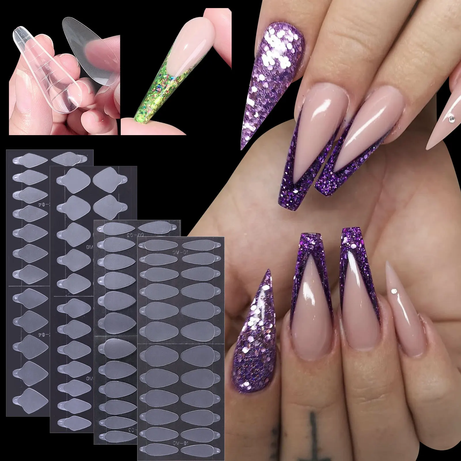 J70 SAFENG Factory Wholesale Silicone Dual Form Nail Tips 24pcs Poly Build Soft Gel Tips Dual Nail Forms Sticker