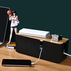 Factory Direct Bamboo Plastic Material Desktop Power Socket USB Charge Cable Wire Storage Box with Liner