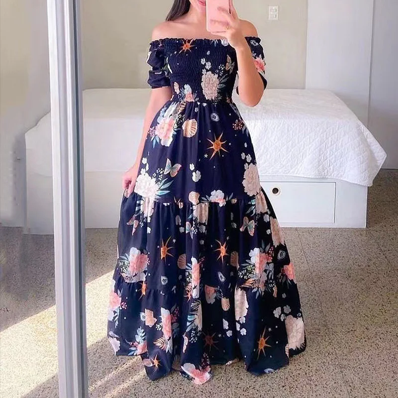 Popular styles ladies plus size off shoulder design ruffled floral animal print layered women long hem dresses