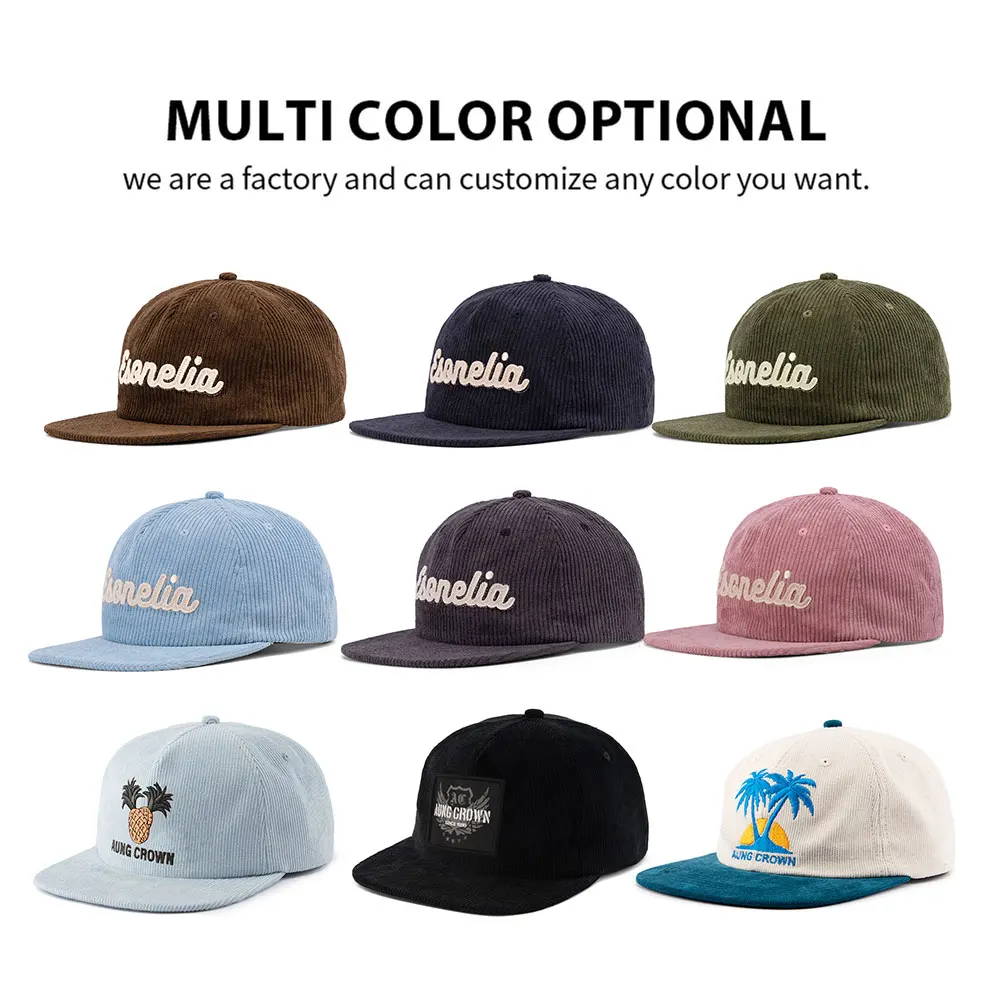 OEM Custom Logo Corduroy Hats Customize Vintage 5 panel Structured Snapback Caps For Kids Men