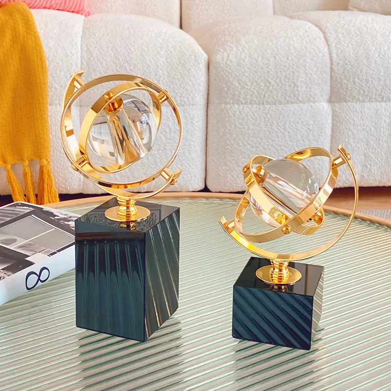 Arabic Vintage Study Living Room Golden Decoration Office Top Desk Sculptures Gift Modern Globe Iron Marble Home Ornament