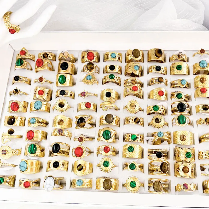 Cheapest Price Vintage Natural Stone Stainless Steel Ring 18k gold Mutil Color Mixed Everyday Rings Birthstone Rings Woman