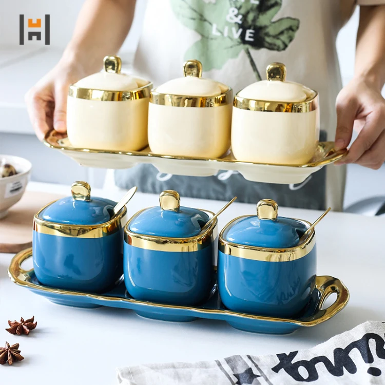 High quality Painted gold wire Best selling ceramic Condiment jar combination kitchen vanilla grain seasoning jar