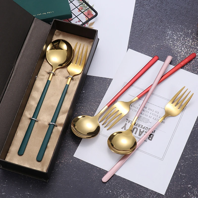 Golden Spoon Stainless Steel Round Spoon Gift Box Hotel Gift Spoon Fork Cutlery Set