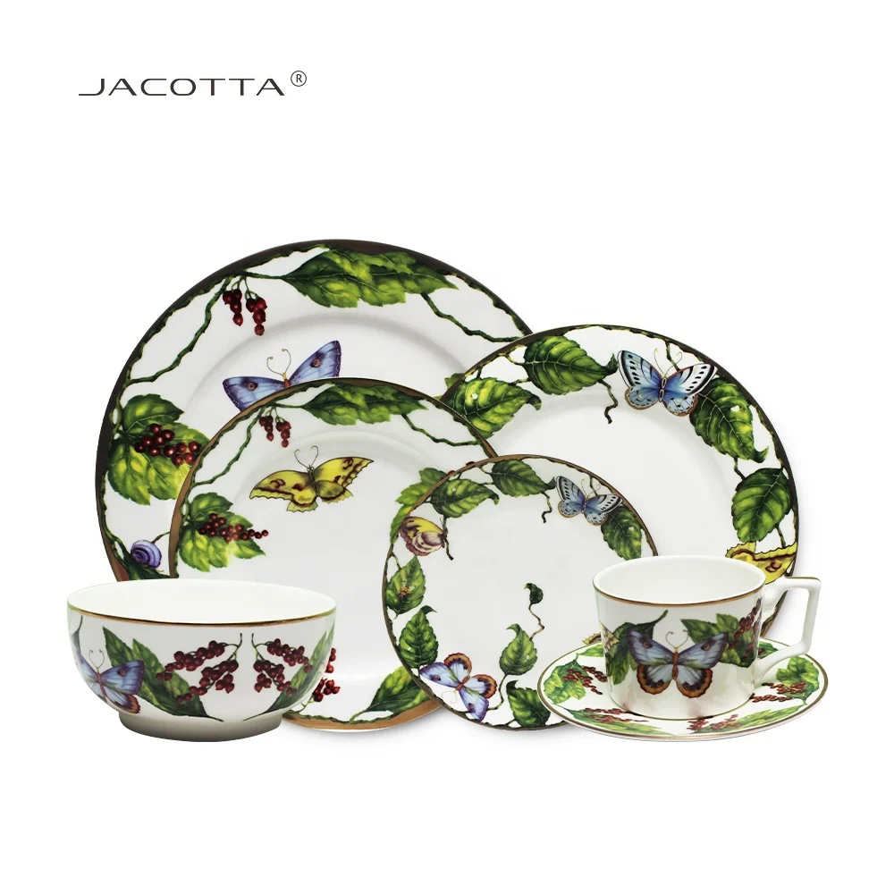 Wholesale wedding bone china dinner plates honeware green leaf porcelain dinnerware sets