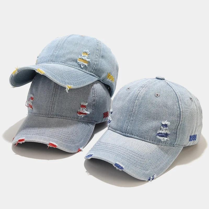 OEM embroidery washed 6 panel baseball cap custom logo distressed dad hat denim