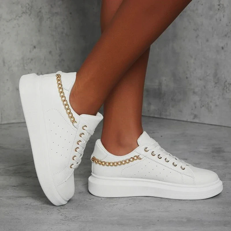 2022 Cool New designs white platform Rubber Casual Women walking shoes with gold chain