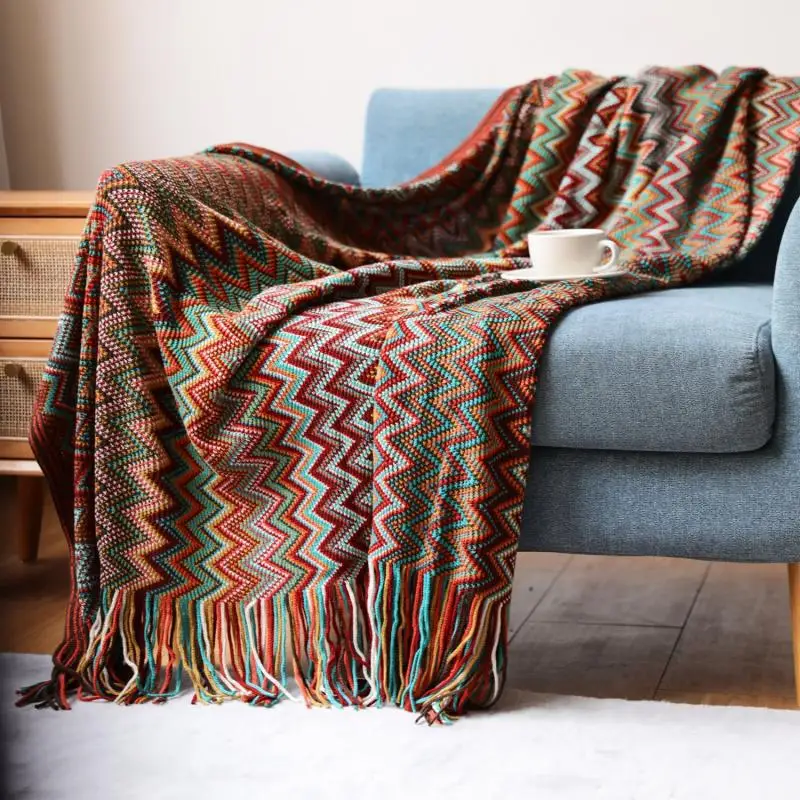 Boho Aztec Fringe Sofa Knitted Blanket