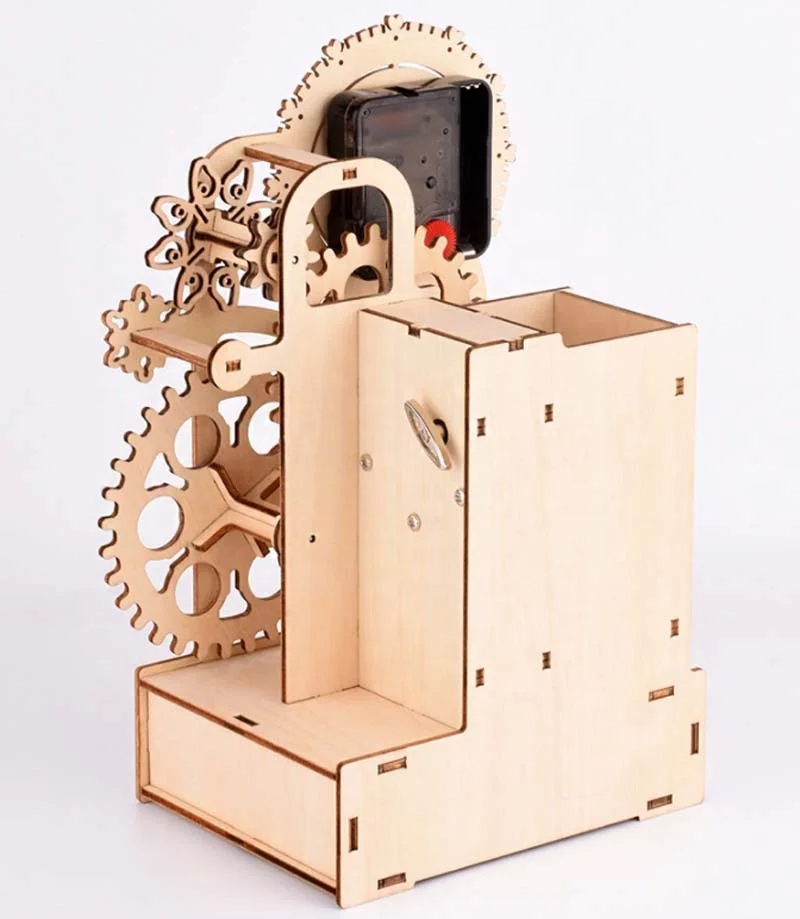 Wooden 3D Jigsaw Puzzle Clock Gear Clockwork Music Box Pen Holder DIY Handmade Toys for Children Educational Model Building Kits