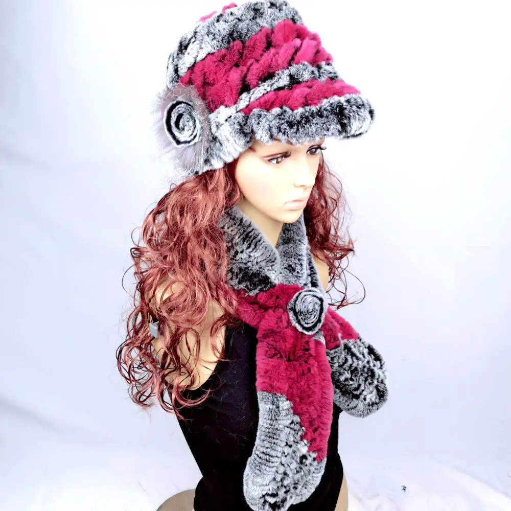 New Real Rex Rabbit Fur Women's Autumn And Winter Warm Caps Ear Fox Fur Ball Jewelry Fashion Rabbit Fur Knit Hat Female