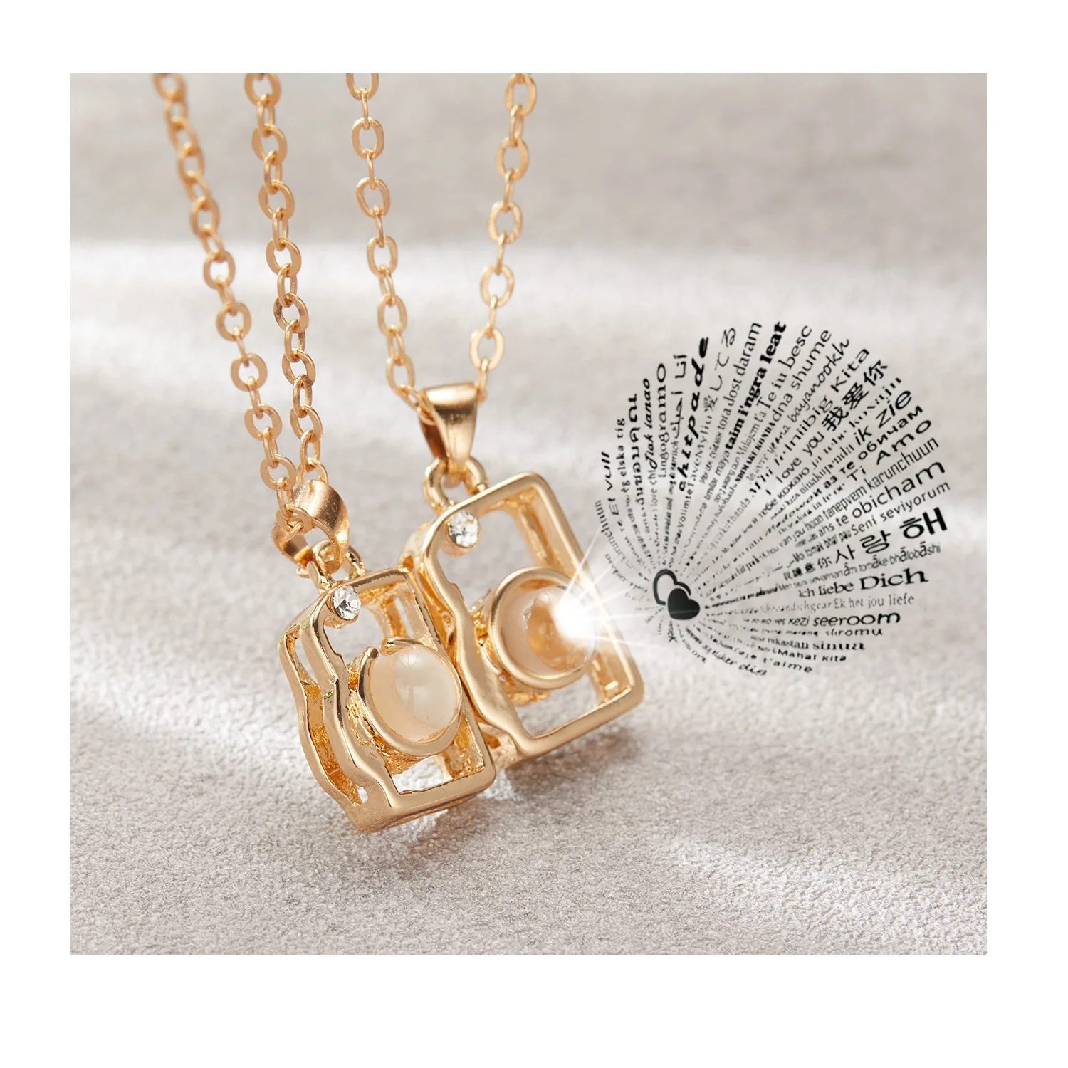 I Love You Necklace 100 Languages Photo Projection  Heart Camera Moon Star Rose Gold Couple Necklace