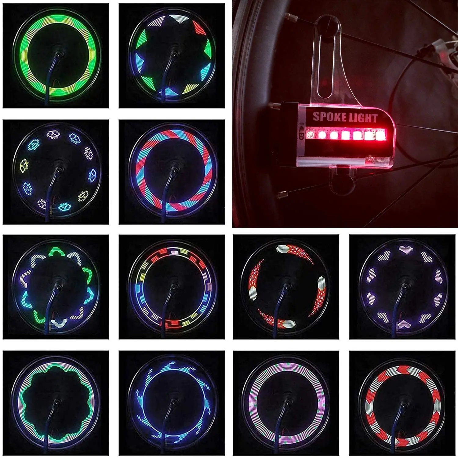 Battery powered 14 LED 30 Changes Patterns Waterproof Bike Bicycle Wheel Rim Spoke Lights for Safety Night Riding MTB Wheel Tire