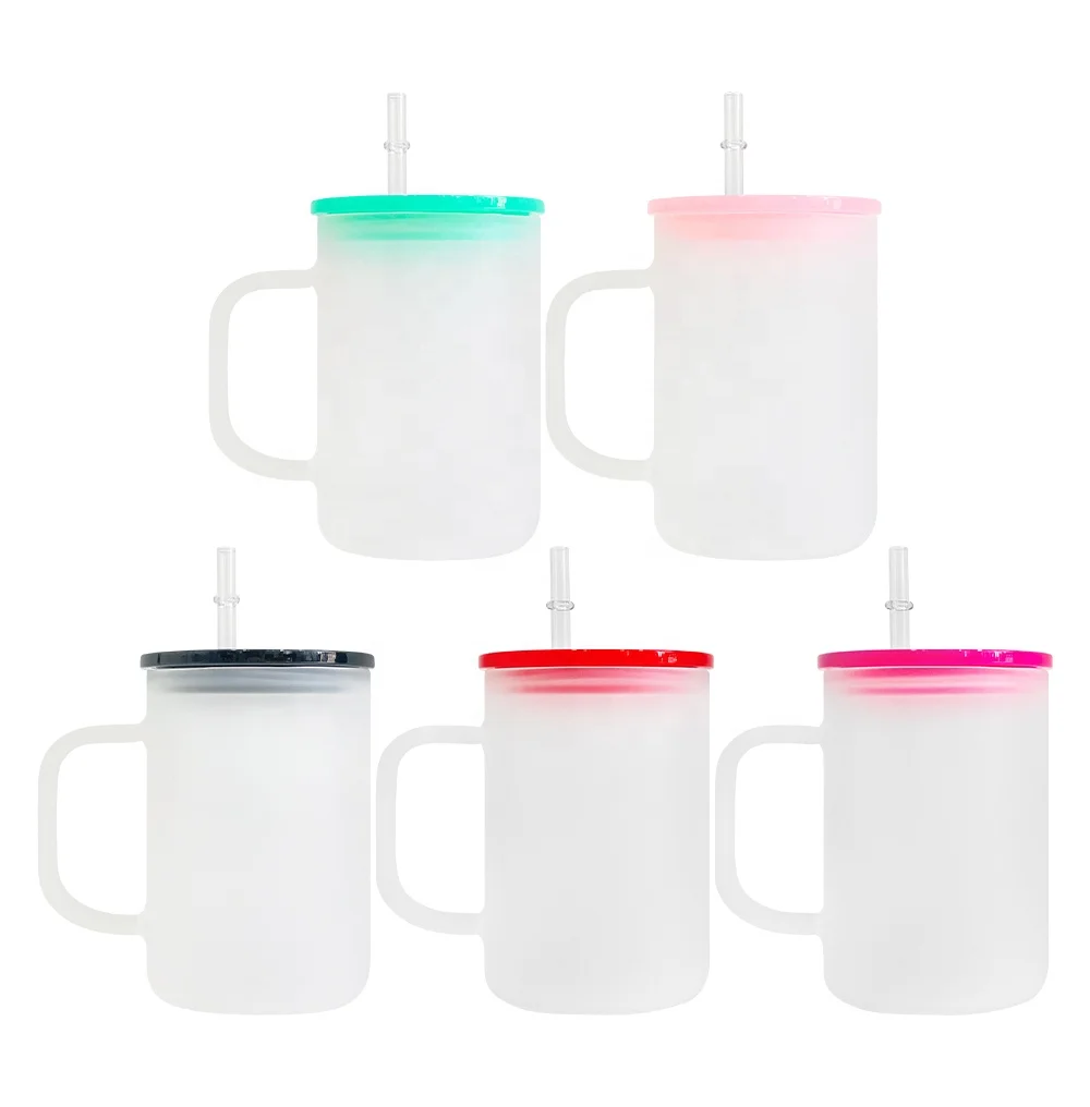 17oz Crystal Clear Transparent Blank Sublimation Frosted High Borosilicate Glass Cup Coffee Tea Handle Mug With Plastic PP Lid