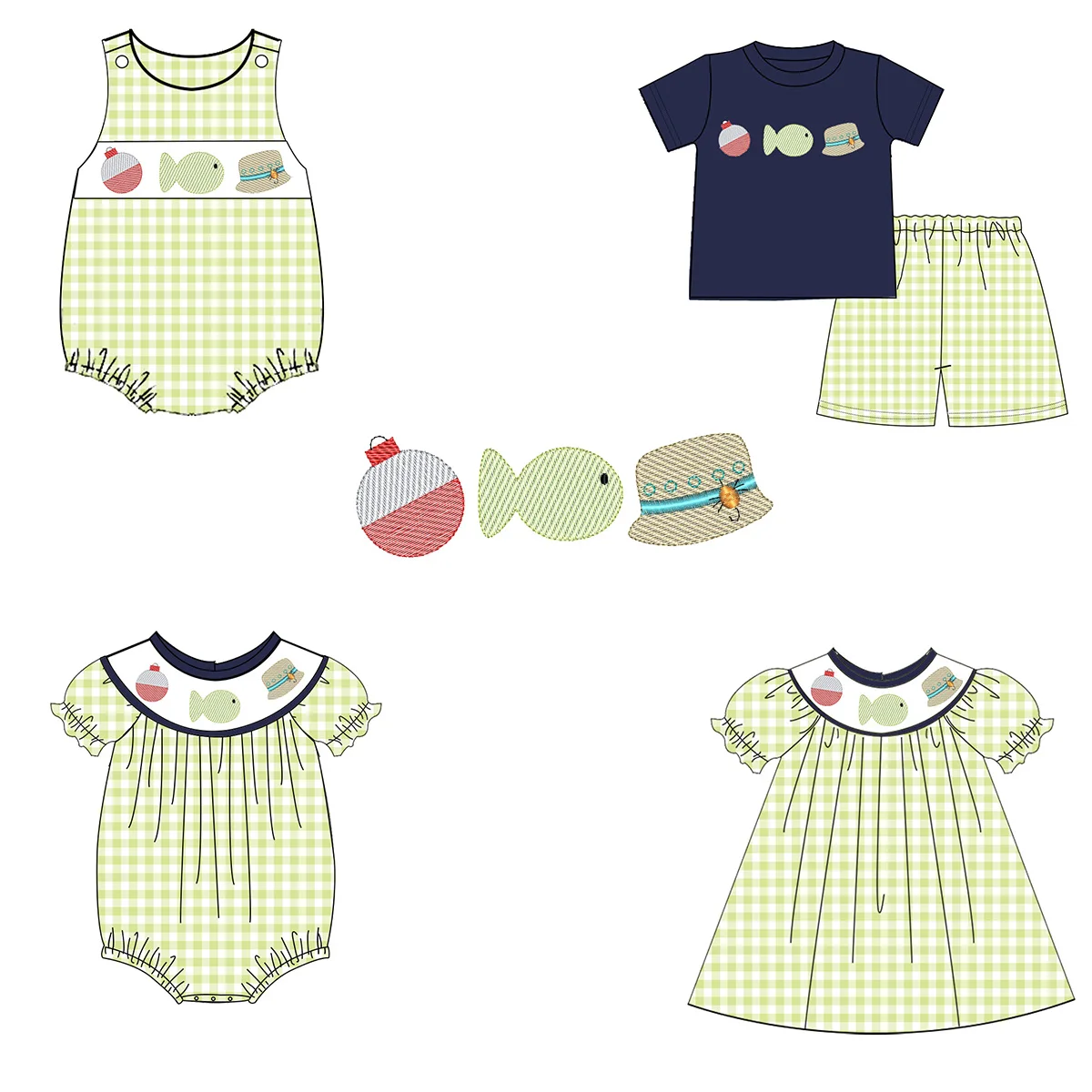 Online customization 1-14 years summer two piece clothes lovely bee applique yellow gingham seersucker boy outfits