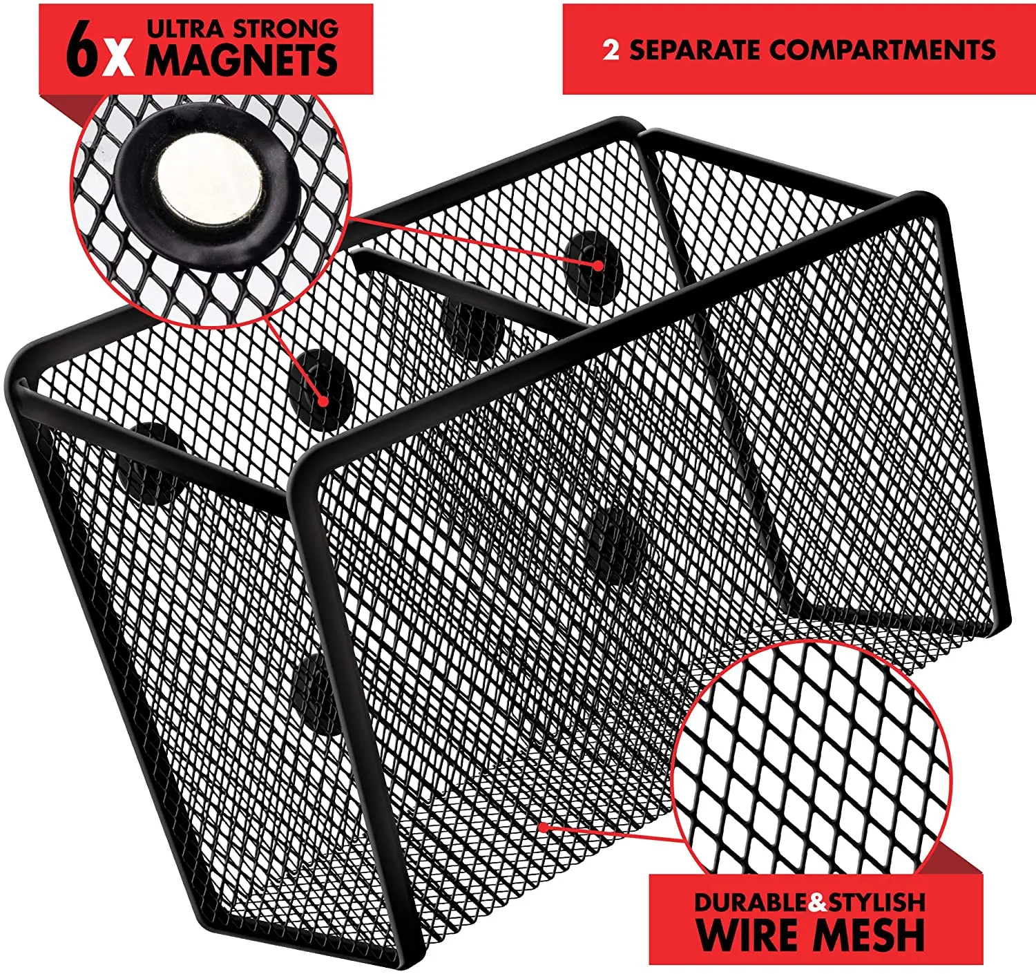 Magnetic Pencil Holder - 2 Generous Compartments Magnetic Storage Basket Organizer - Extra Strong Magnets