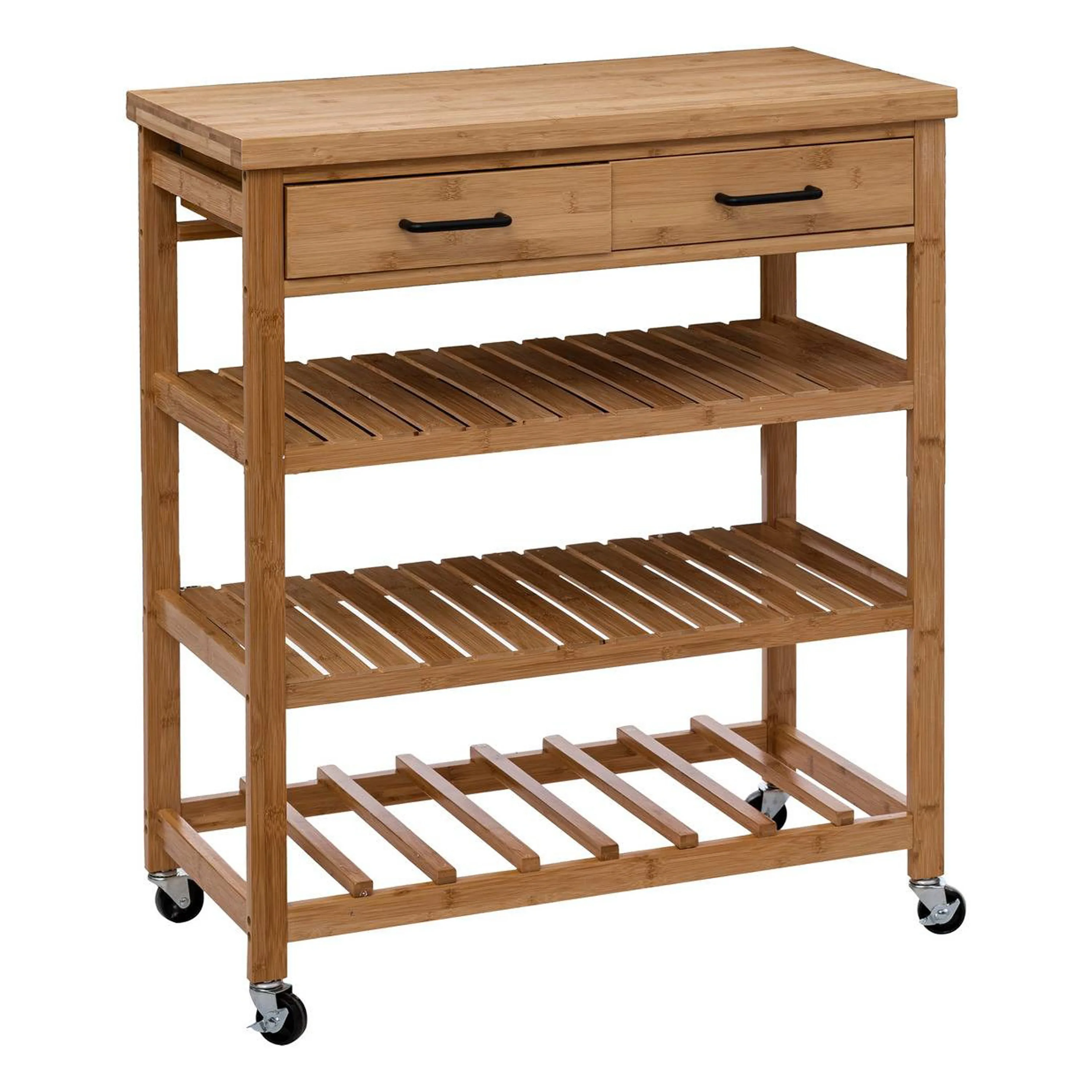 3 Tiers Storage Shelves Kitchen Rolling Trolley On Wheels Bamboo Island Cart With Wine Holder And 2 Drawers