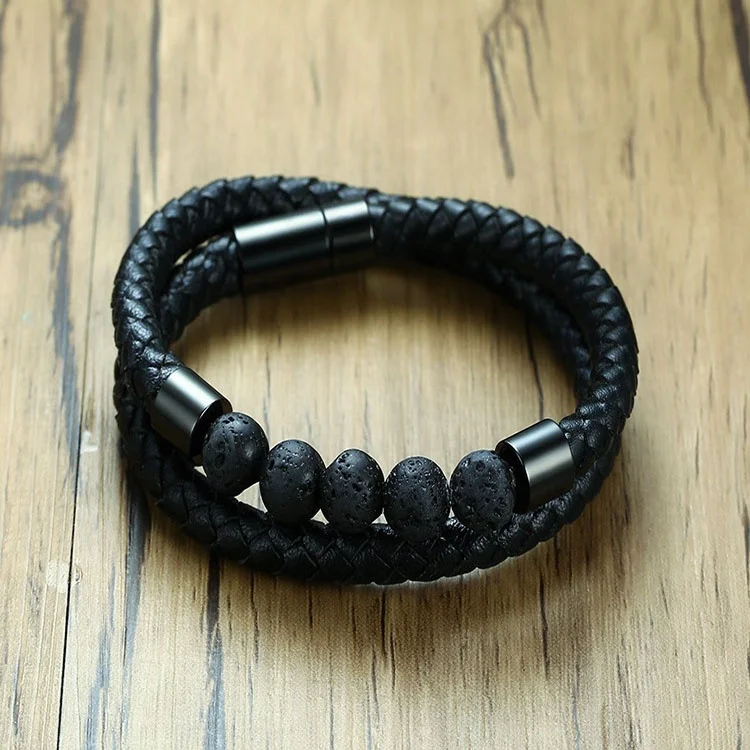 Personalized Custom Relationship Natural Chakra Lava Stone Beaded Leather Double Wrap Bracelet