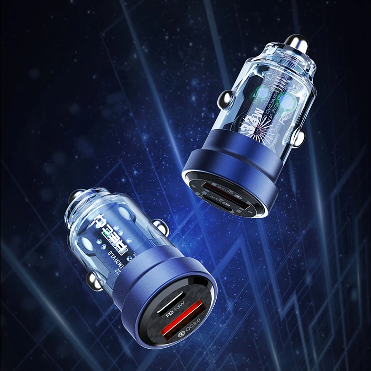 2023 Transparent Design Dual Port QC 3.0 USB-C Car Charger USB C 2-Port Electric Fast Charging for iPhone Phones