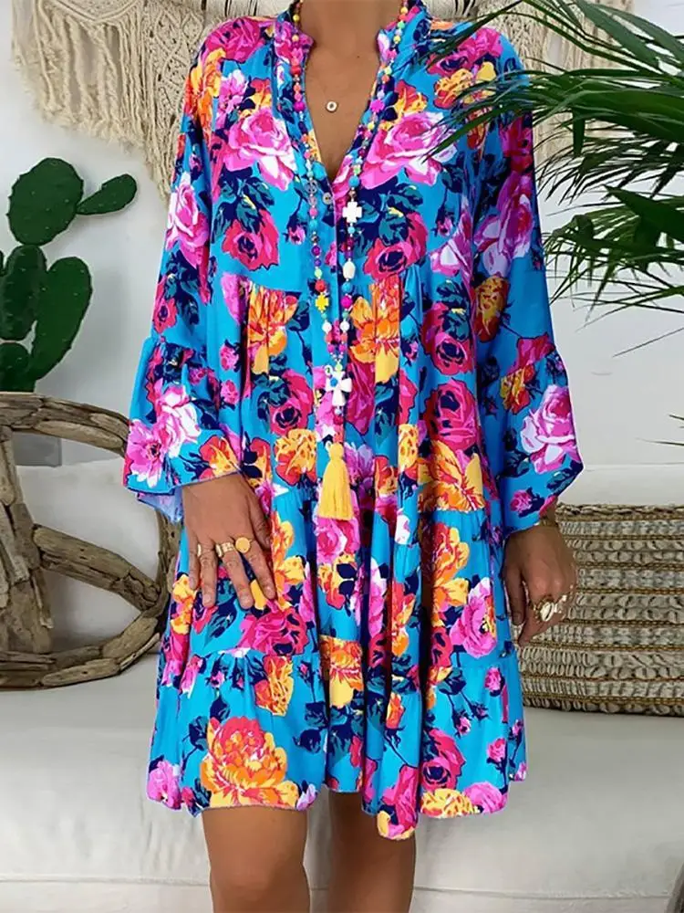 Mini Party Tropical Tunic Dress Women Loose 5XL Summer Elegant Boho Long Sleeve Maxi Shirts Dress Flower Floral Beach Dresses