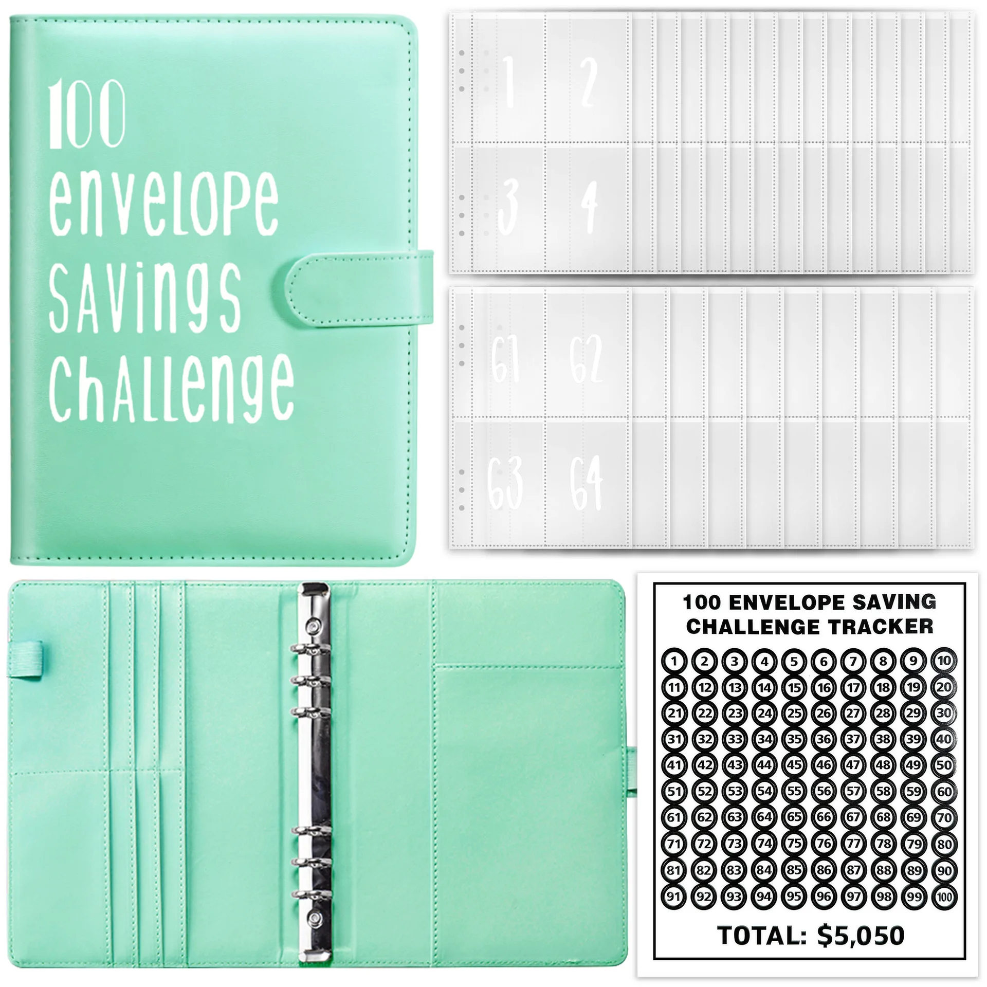Marble style 100 envelope savings challenge binder for money saving planner with three trackers