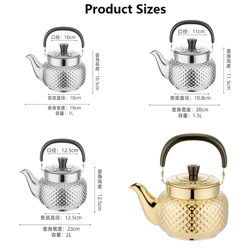 Gold Hammered Design Metal Tea Kettle Water Boilers 1500ml Stainless Steel Teapot with Infuser Strainer For Stovetop Camping
