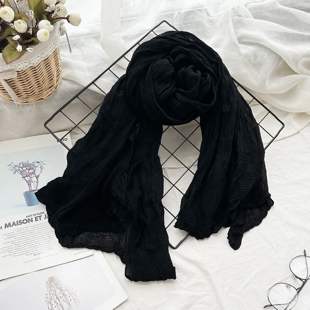 Factory Direct Soft Viscose Linen Scarf for Women Long Thin Hijab with Tassels Solid Color Linen Viscose Shawl for Spring