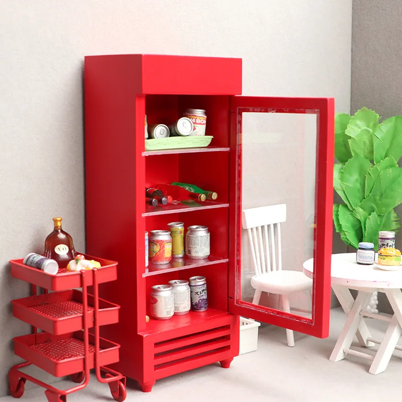 Dollhouse miniature Wooden Doll House Mini Furniture Model Decoration Shop Colorful Beverage Refrigerator