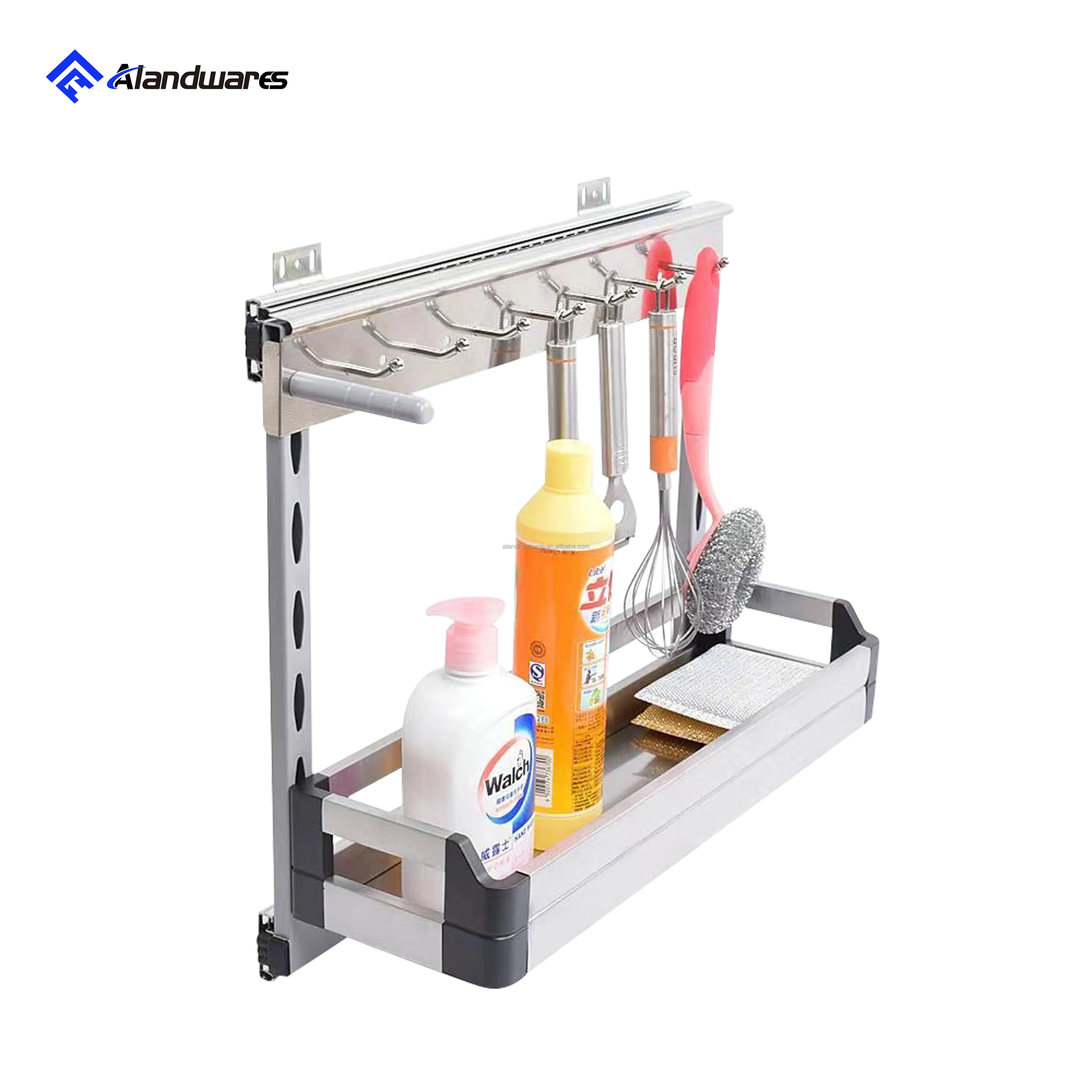 Multi-functional Kitchen Wall Mounted Ball Bearing Soft Close Drawer Sliding Storage Rack Adjustable Basket with Hook for Sink