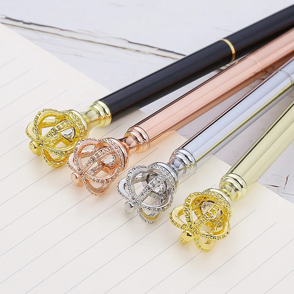 Hot Selling Pens Custom Logo Rhinestones Crystal Metal Ball Pen Office School Advertising Crown Pen  With Crown On Top