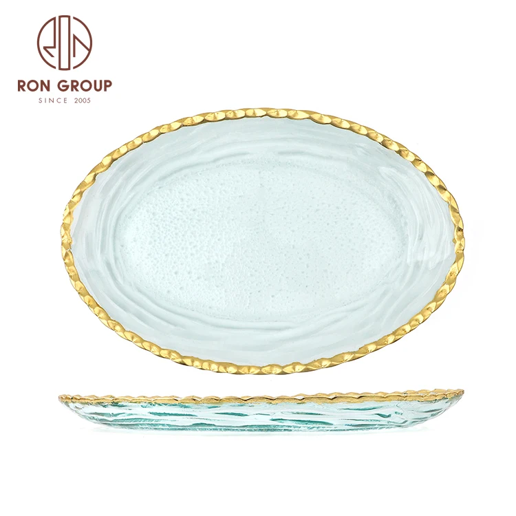 Cheap Wide gold rim clear candy food warmer glass dinnerware charger plate for wedding decoration baking dishes glass