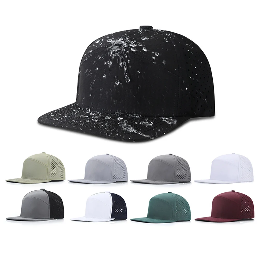 New Arrival Quick Dry Flat Brim Snapback Caps Custom Embroidery Logo 7 Panel Perforated Laser Cut Hole Mesh Trucker Hats