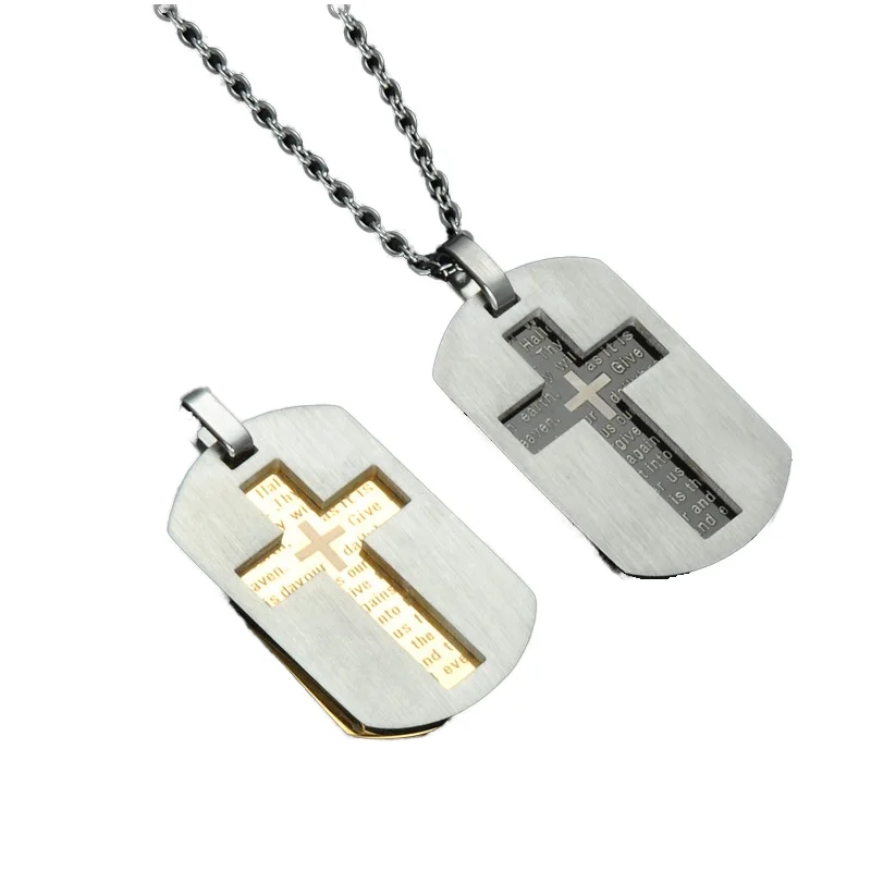 Custom Stainless Steel Dog Tag Christian Cross Hollow Carving Gold Plated Box Link Chain Custom Bible Verse Pendant Necklace