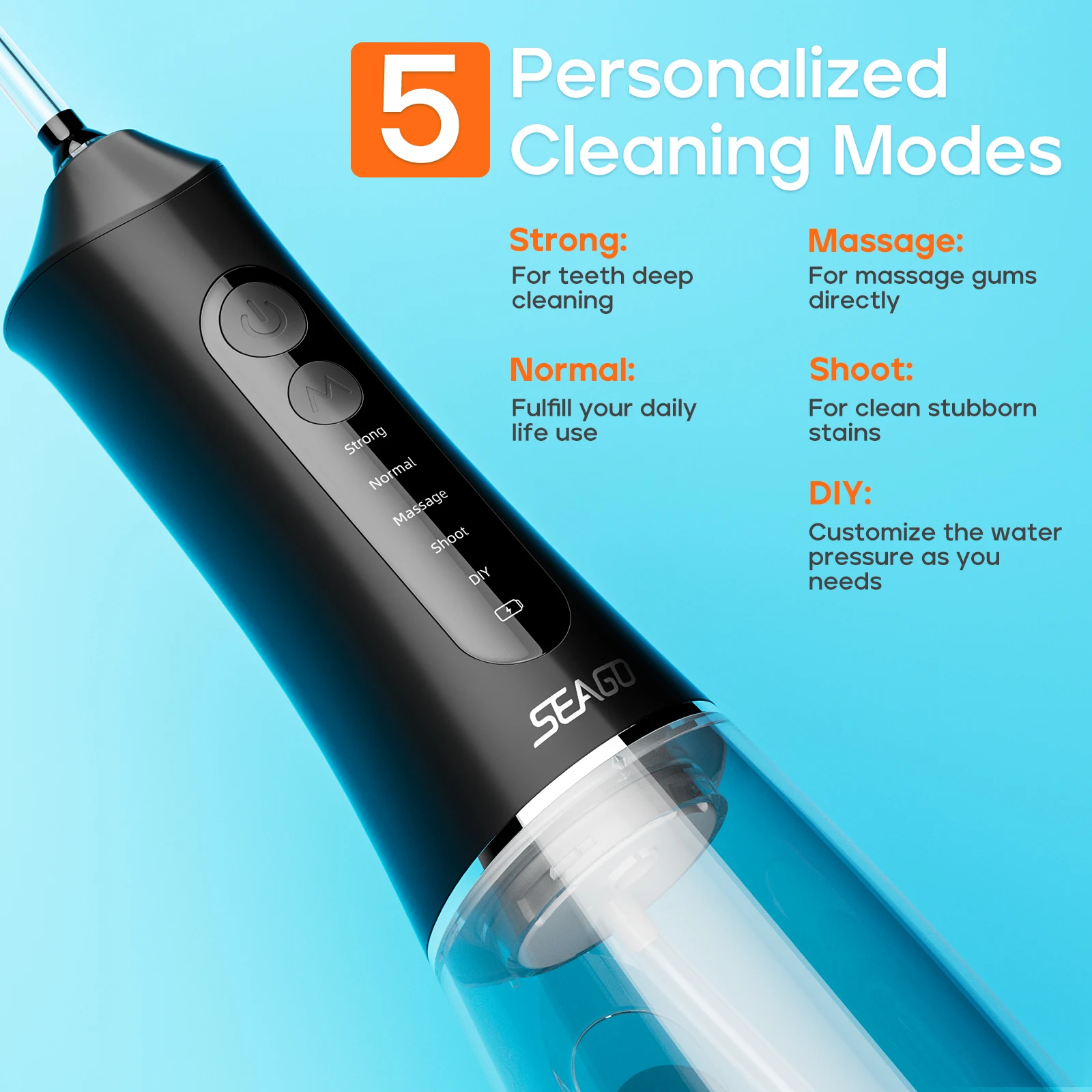 SEAGO Water Dental Flosser Cordless for Teeth, Oral  Dental Irrigator Water Flosser , DIY Mode Memory Function with 5 Modes