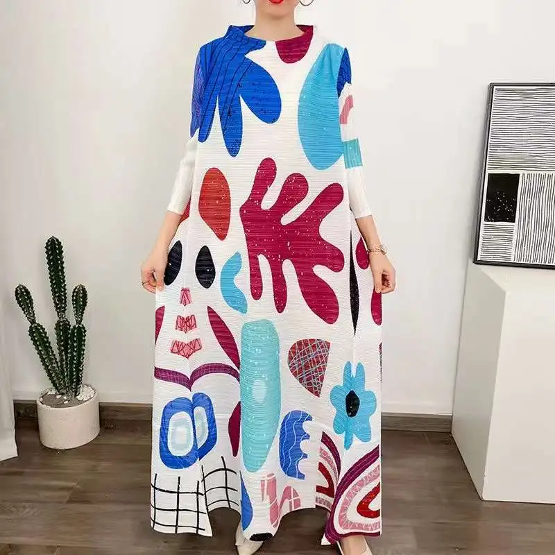 2023 Spring Miyake Latest Plant Floral Style  Casual Wrist Sleeves Pleated Plus Size  Women Dress Clothing