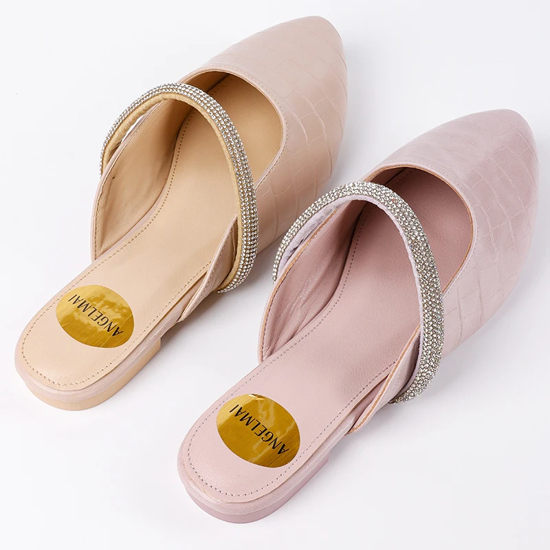 Latest Rhinestone Chain Hollow Out Mules Women Ballet Flats Half Shoes Comfortable Casual Pointy Toe Leather Slipper Close Shoes