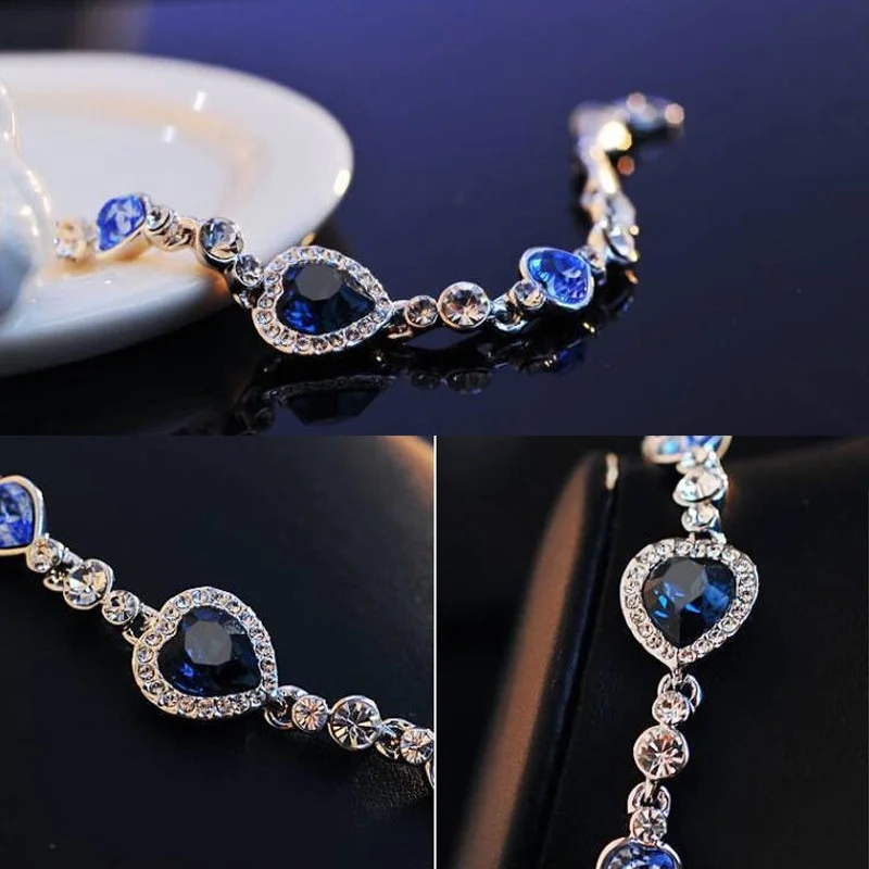 New Delicate Blue Love Hearts Silver Bracelets Women Temperament Noble Shining Fashion Jewelry Bracelets Accessories