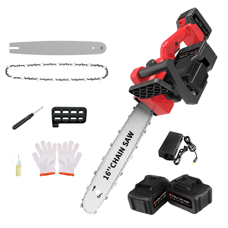 Super power lithium battery operated wood cutting chain saw machine electric cordless 16-inch chainsaw with spare accessories