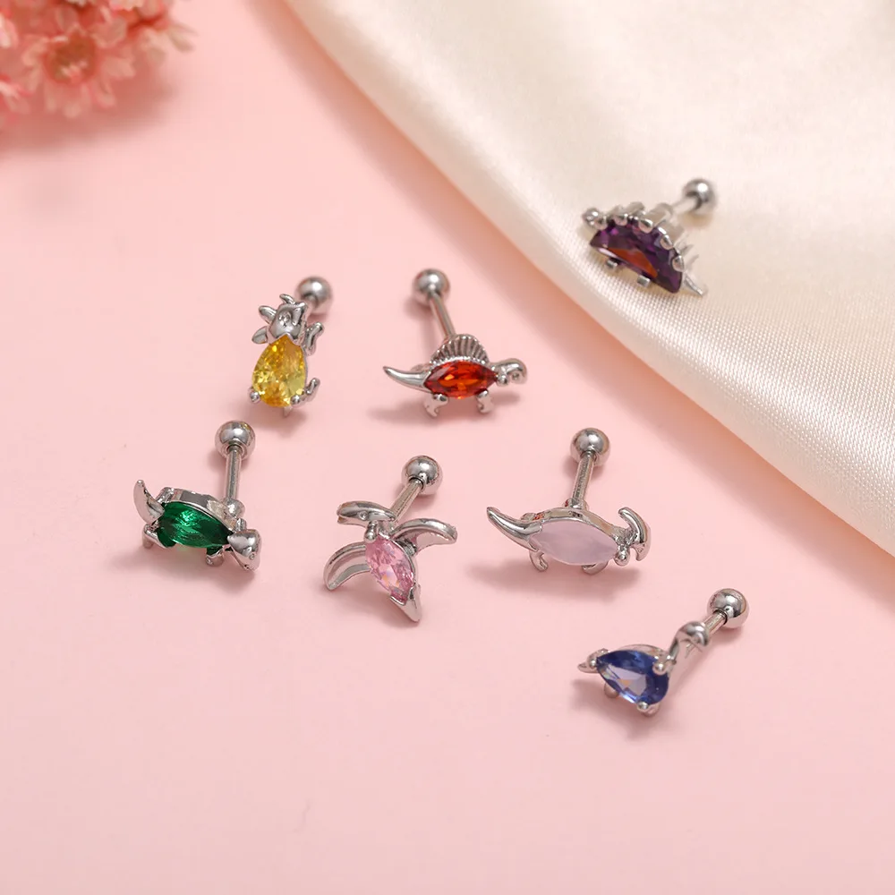  Mini animals earrings piercing jewelry stainless steel rod zircon forest series gold plated rotary ball