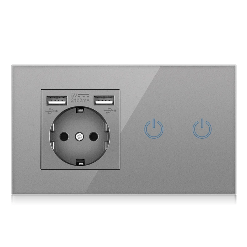 High quality German double USB wall socket and double touch switch with tempered glass panel