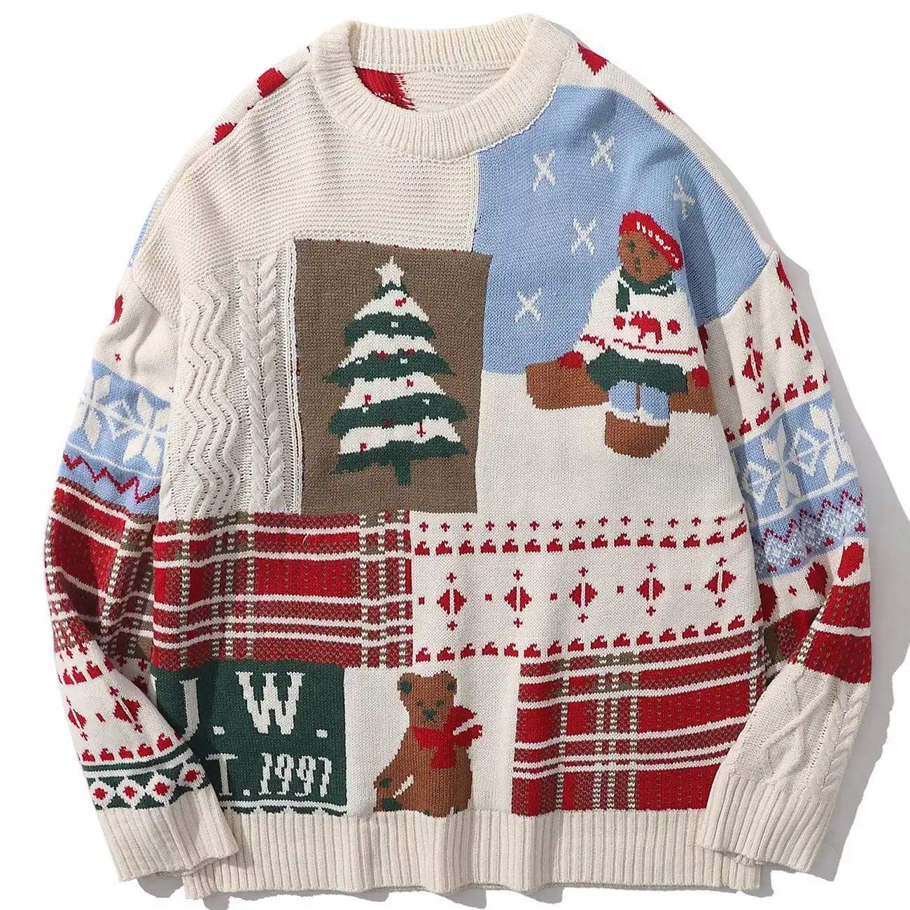 Customized Sample & LOGO Winter Christmas Patchwork Animal Bear Jacquard Knit Crew Neck Pullover Sweater