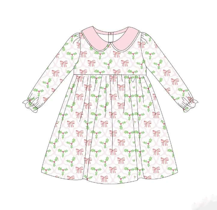 Christmas Custom Baby Girl Outfit Winter Kids Wear Scalloped Christmas Holly Cute Baby Girls Clothing Sets