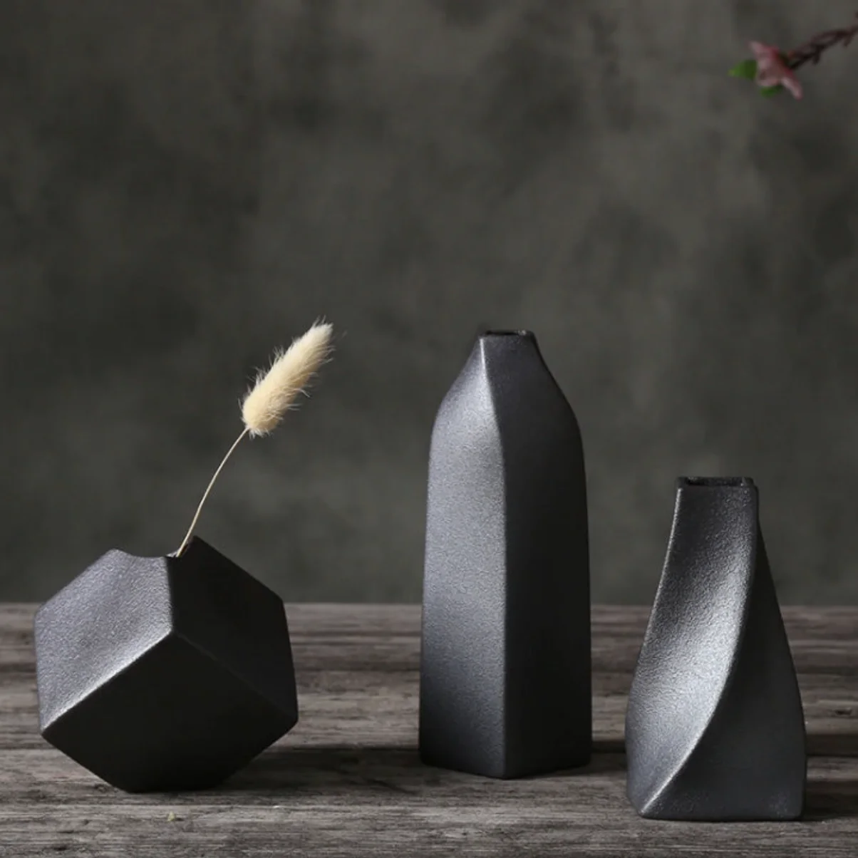 European nordic matt black minimalist modern vintage porcelain indoor glazed art vase set ceramic flower vases for home decor
