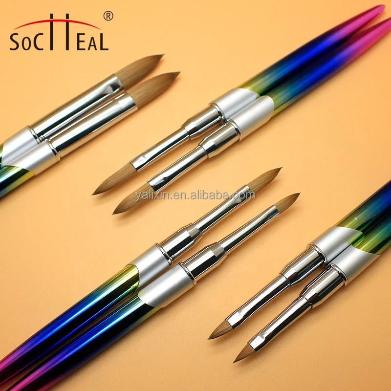 Private Label Custom Gradients Rainbow Metal Handle Nail Brush Nail Art Painting 100% Pure Kolinsky Hair Acrylic Nail Brush Set