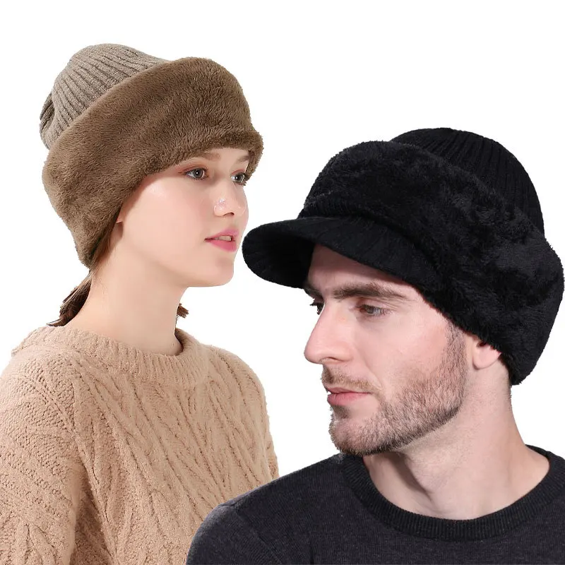 Factory Custom Men Fall Winter Hat And Scarf Set For Women Scarves Cap With Brim Knitted Visor Male Warm Earflap Caps