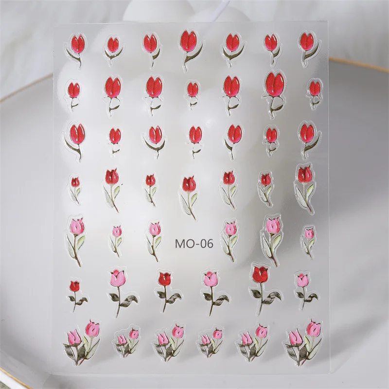 5D Engraved Tulip Nail Art Stickers Pink White Floral Flower Acrylic Embossed Sliders Summer Nail Manicure Deco