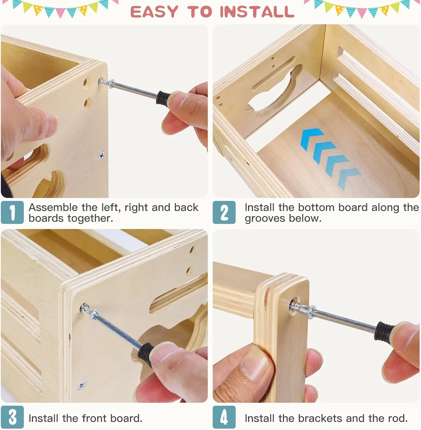 Wholesale Wood Baby Basket with Adjustable Handle and Garland Storage Crate Hamper Baby Shower Wooden Gift Crate