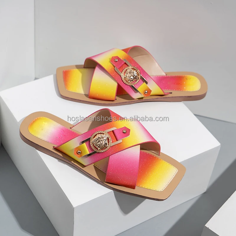 
100 pairs custom logo colorful material summer flat shoes cheap slipper 