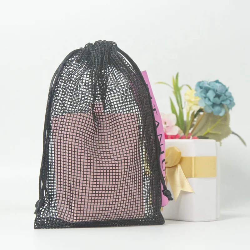 Custom Label Black Reusable Mesh Bag With Drawstring Packaging Vegetable Fruit
